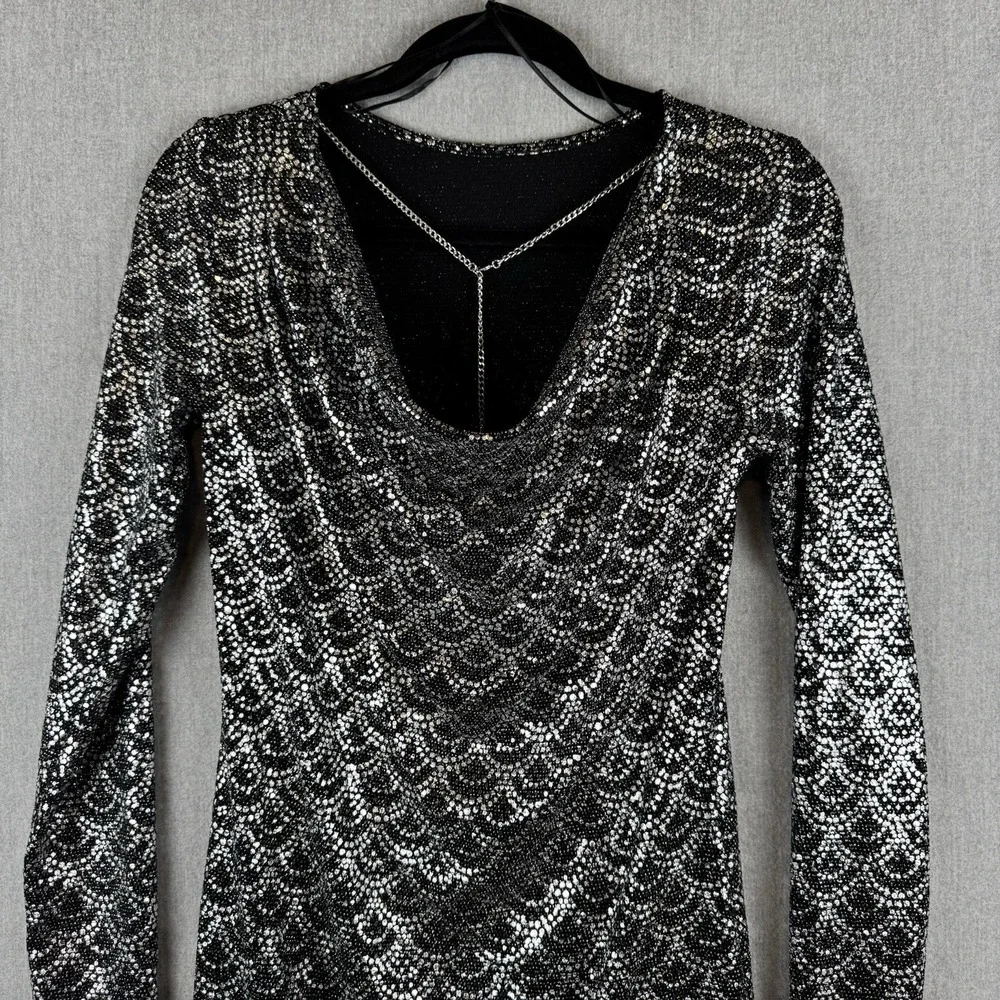 Michael Kors Black‎ Silver Scallop Glitter Lame Cowl Back Chain Dress Medium